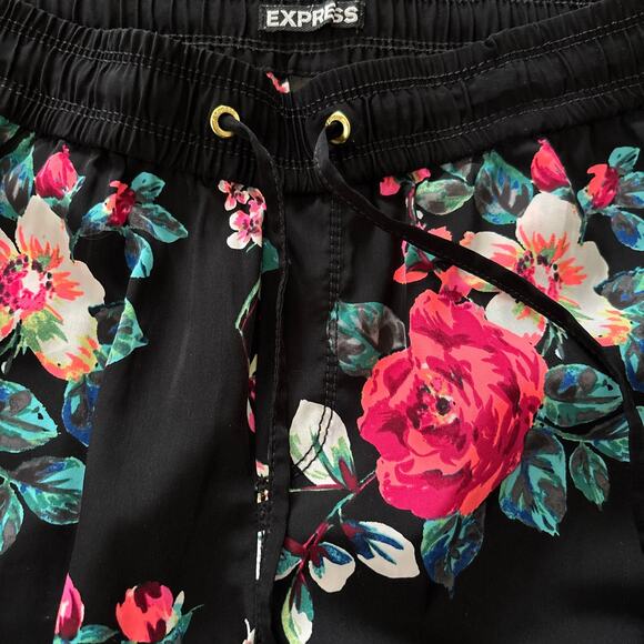 Express Floral Print Pull On Drawstring Wide Leg Pants Black Multi Womens Size S - Picture 4 of 8